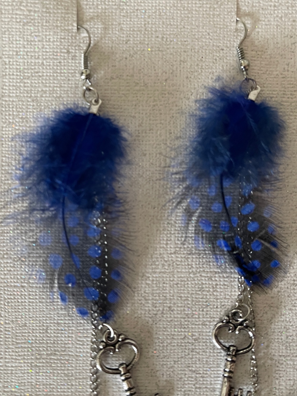 Blue Feather Antique Lock and Key Earrings - Picture 4 of 4